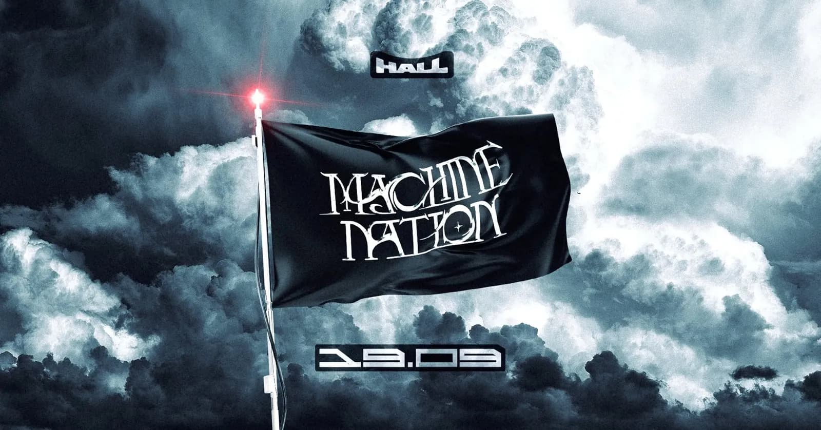 Machine Nation flag against a stormy sky