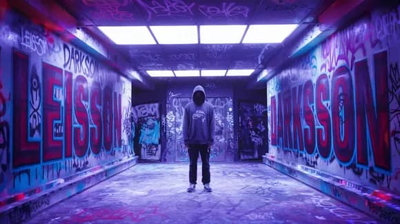 LEISSON and DARKSSON lettering on the walls of a neon-lit graffiti corridor