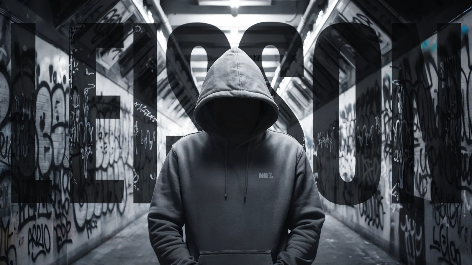 Hooded figure in a graffiti tunnel, LEISSON lettering on the wall